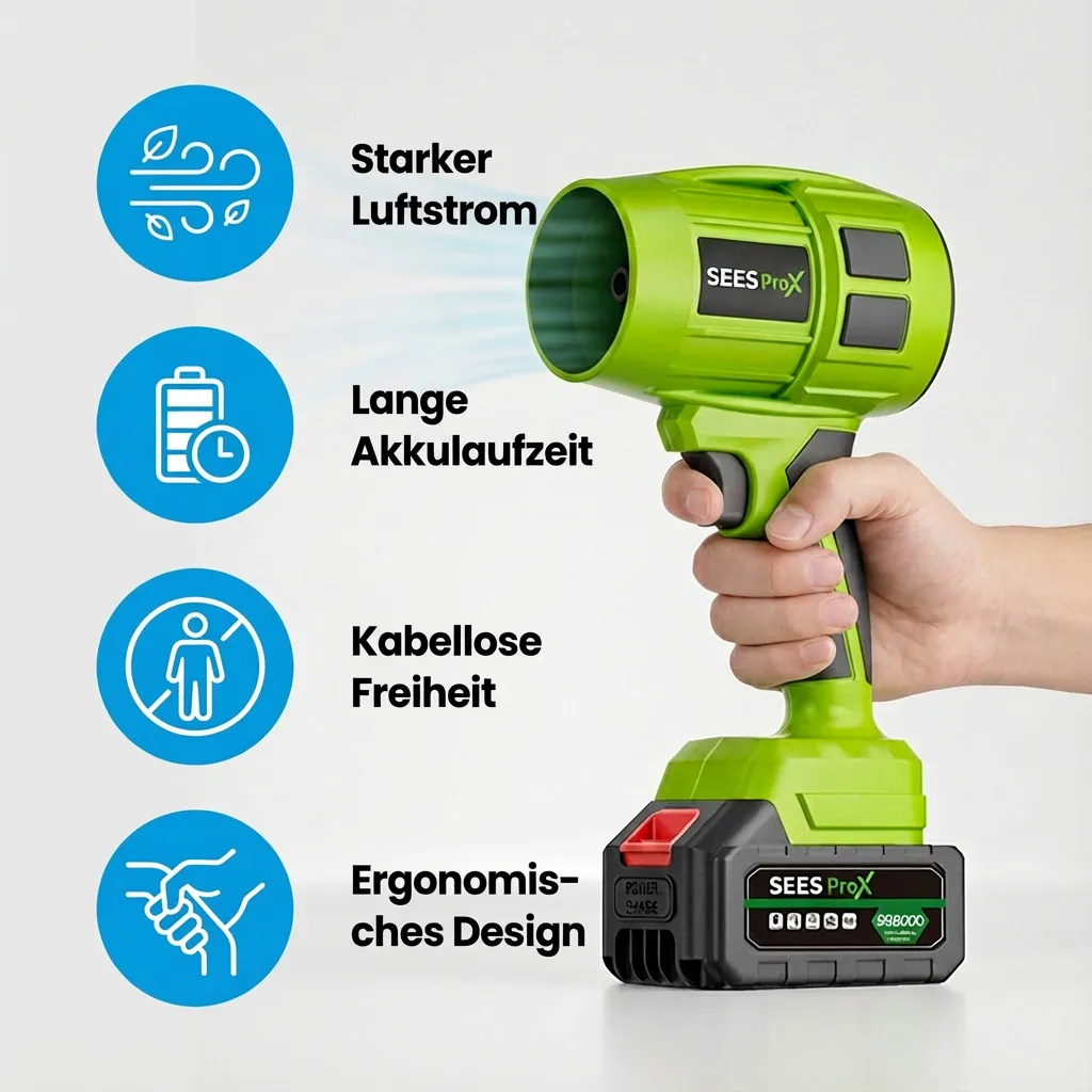 SEES ProX Vorteile: starker Luftstrom, lange Akkulaufzeit, kabellose Freiheit, ergonomisches Design